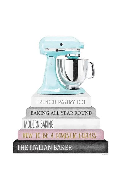 Amanda Greenwood: Baking Grey And Pink Bookstack With Teal Mixer by Amanda Greenwood