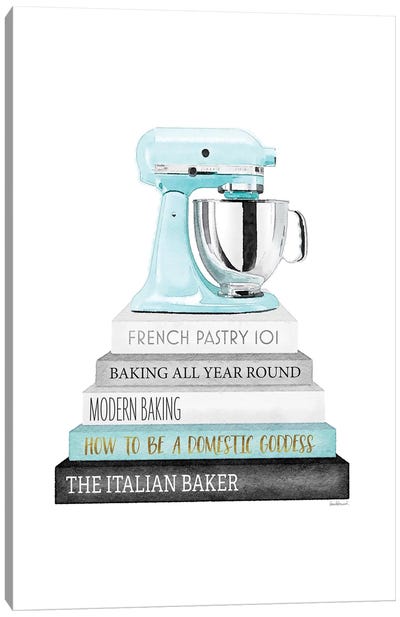 Baking Bookstack With Teal Mixer Canvas Art Print - Kitchen Equipment & Utensil Art