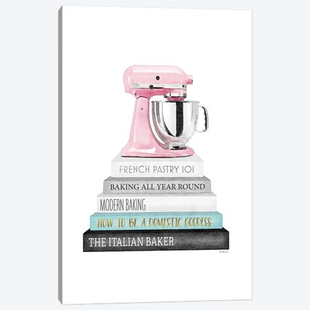 Baking Grey And Teal Bookstack With Pink Mixer Canvas Print #GRE243} by Amanda Greenwood Canvas Art Print