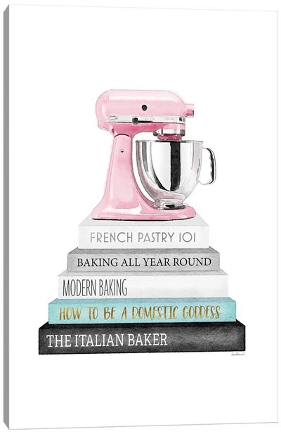 Baking Grey And Teal Bookstack With Pink Mixer Canvas Art Print - Cooking & Baking Art