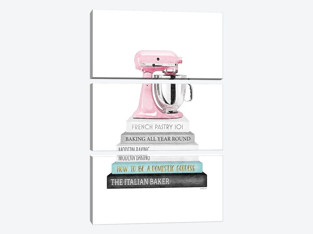 Baking Grey And Teal Bookstack With Pink Mixer by Amanda Greenwood 3-piece Canvas Art Print