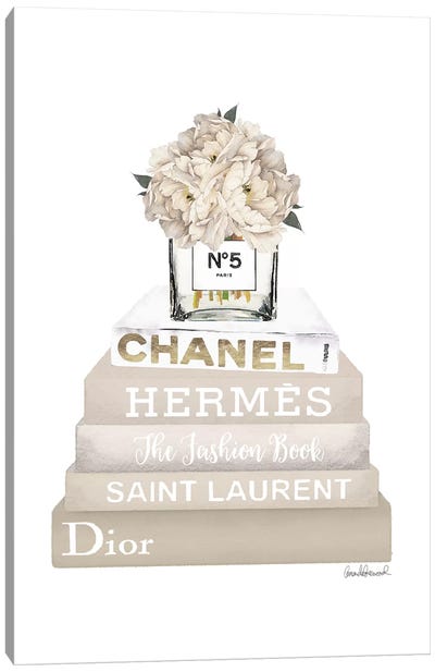 Cream, Champagne, And Gold Bookstack Topped By Vase With White Peony Canvas Art Print - Fashion Brand Art