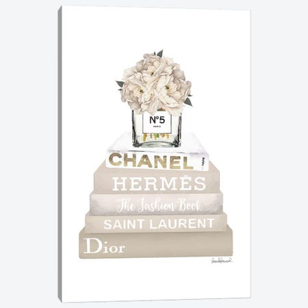 Cream, Champagne, And Gold Bookstack Topped By Vase With White Peony Canvas Print #GRE245} by Amanda Greenwood Canvas Artwork