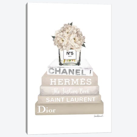 Cream, Champagne, And Silver Bookstack Topped By Vase With White Peony Canvas Print #GRE246} by Amanda Greenwood Canvas Wall Art