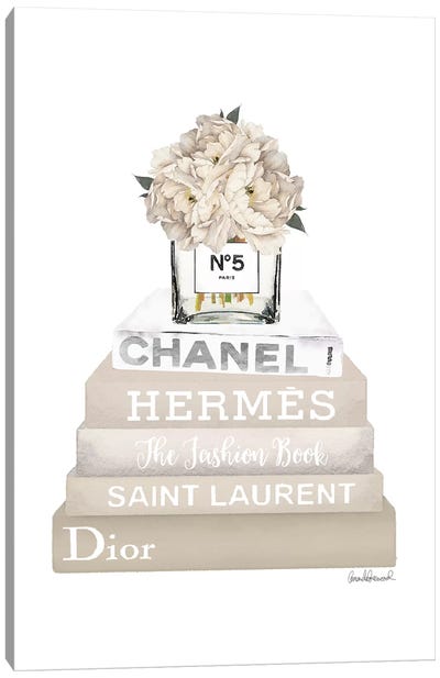 Cream, Champagne, And Silver Bookstack Topped By Vase With White Peony Canvas Art Print - Color Palettes