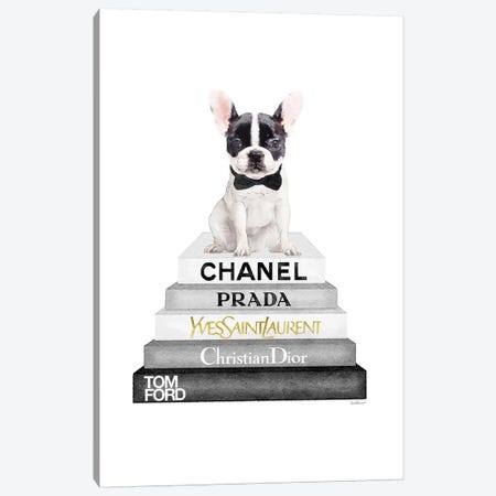 Grey And Black Bookstack Topped With White Frenchie Canvas Print #GRE247} by Amanda Greenwood Canvas Artwork