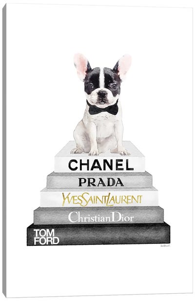 Grey And Black Bookstack Topped With White Frenchie Canvas Art Print - Black, White & Gold Art