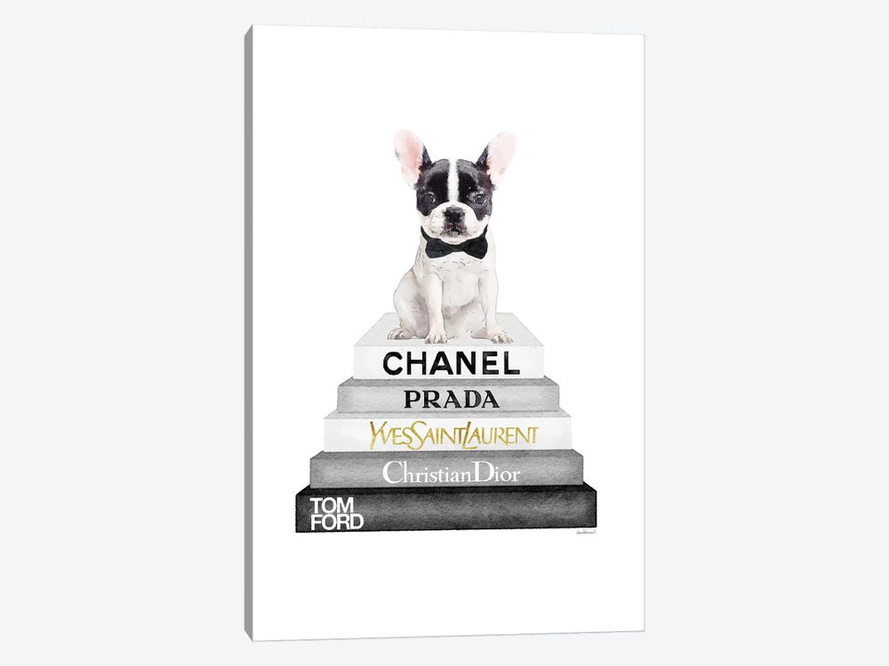 Grey And Black Bookstack Topped With White Frenchie by Amanda Greenwood 1-piece Art Print
