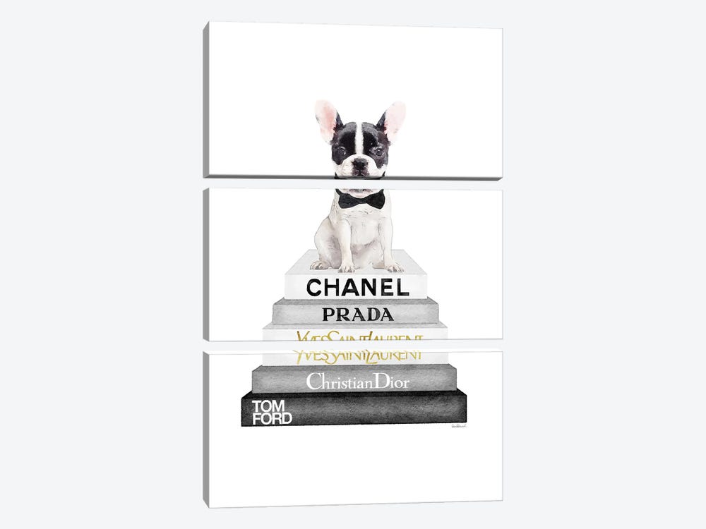 Grey And Black Bookstack Topped With White Frenchie by Amanda Greenwood 3-piece Canvas Art Print