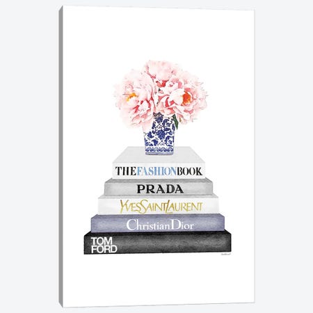 Grey And Blue Bookstack Topped With Blue Vase Canvas Print #GRE248} by Amanda Greenwood Art Print