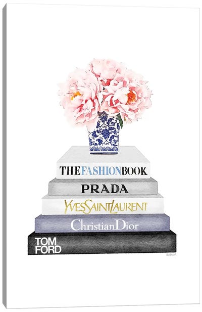 Grey And Blue Bookstack Topped With Blue Vase Canvas Art Print - Prada Art