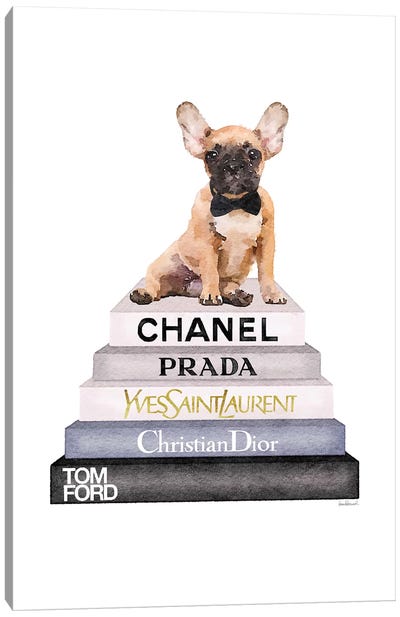 Grey And Blue Bookstack Topped With Fawn Frenchie Canvas Art Print - Prada Art