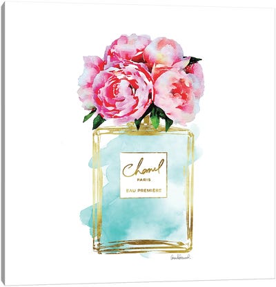 Gold And Teal Perfume Bottle With Pink Peonies Canvas Art Print - Best Selling Pop Culture Art