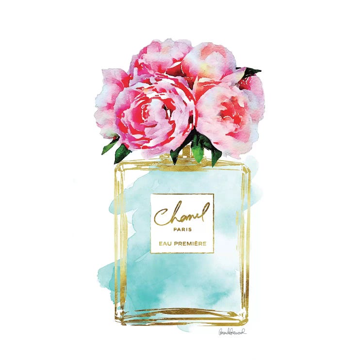 Gold And Teal Perfume Bottle With Pink Peonies