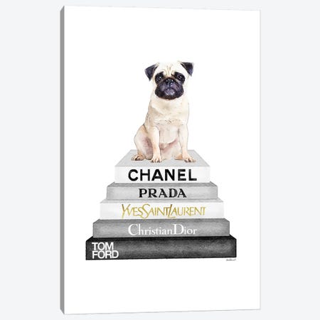 Grey On Grey Bookstack Topped By Pug Canvas Print #GRE250} by Amanda Greenwood Canvas Art