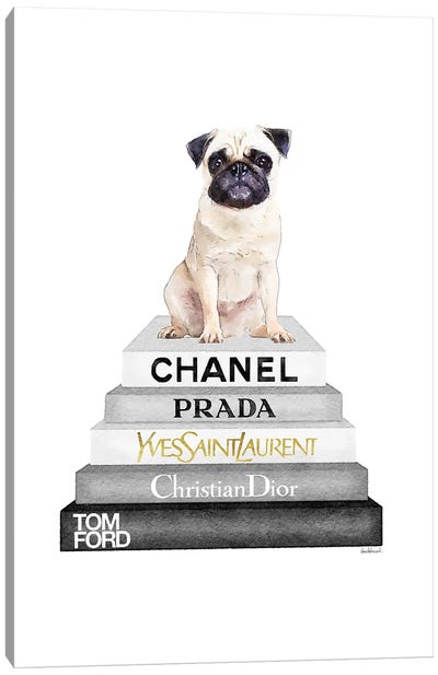 Grey On Grey Bookstack Topped By Pug Canvas Art Print - Black, White & Gold Art
