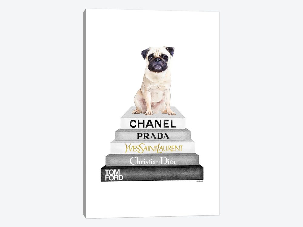 Grey On Grey Bookstack Topped By Pug by Amanda Greenwood 1-piece Canvas Art Print