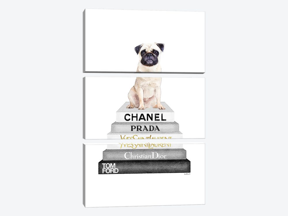 Grey On Grey Bookstack Topped By Pug by Amanda Greenwood 3-piece Art Print