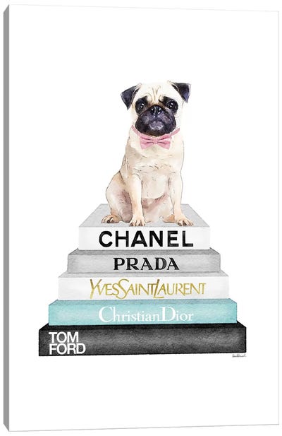 Grey And Teal Bookstack Topped By Pug Canvas Art Print - Pet Mom