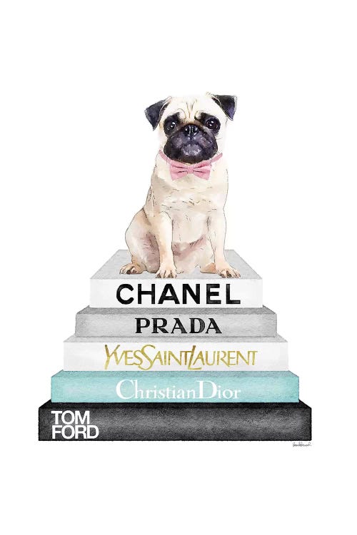 Grey And Teal Bookstack Topped By Pug