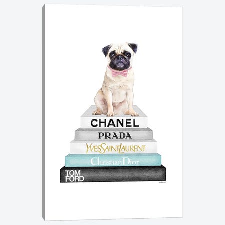 Grey And Teal Bookstack Topped By Pug Canvas Print #GRE251} by Amanda Greenwood Canvas Wall Art