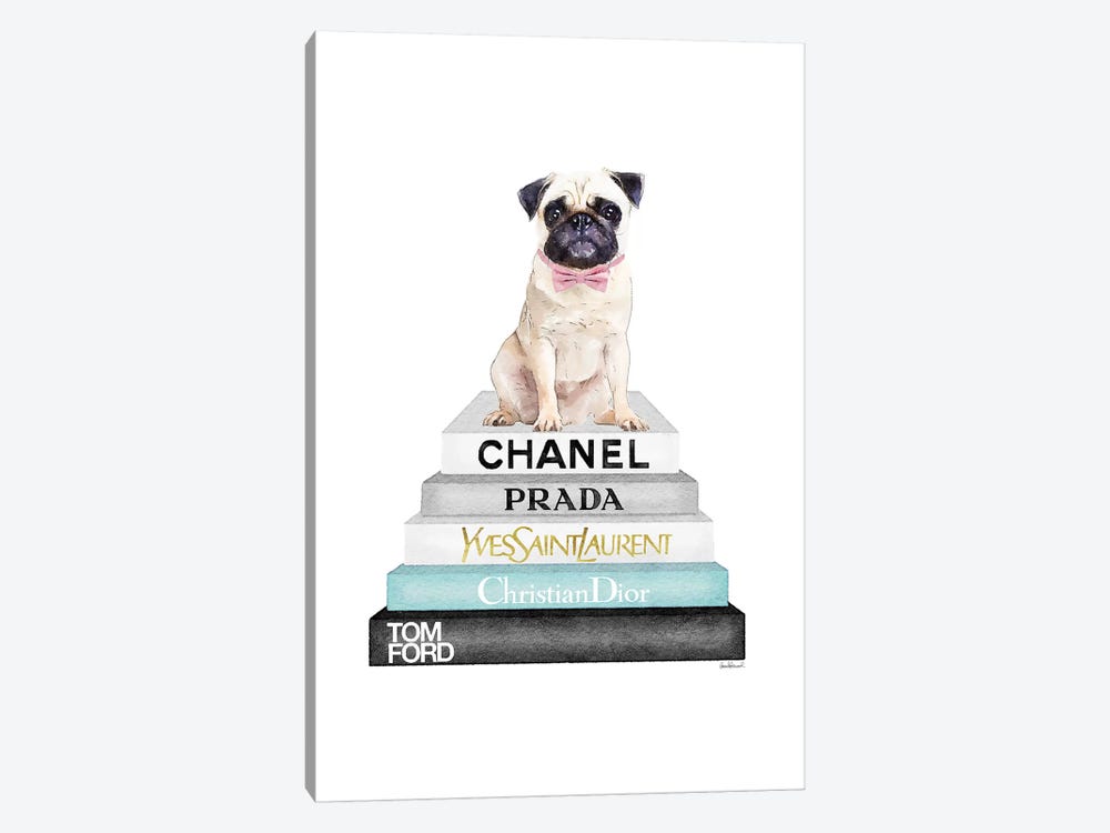 Grey And Teal Bookstack Topped By Pug by Amanda Greenwood 1-piece Canvas Art