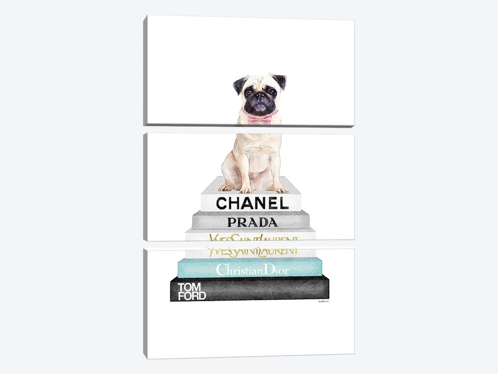 Grey And Teal Bookstack Topped By Pug by Amanda Greenwood 3-piece Canvas Art