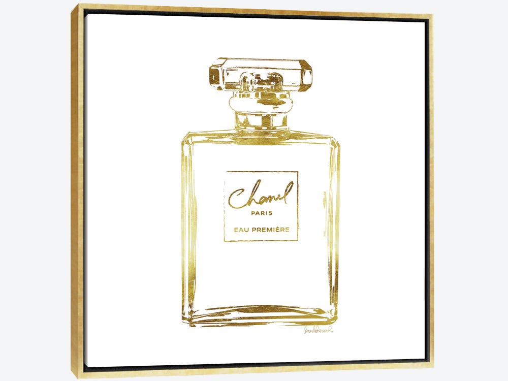 Framed Canvas Art - Gold Perfume Bottle by Amanda Greenwood ( Fashion > Hair & Beauty > Perfume Bottles art) - 18x18 in