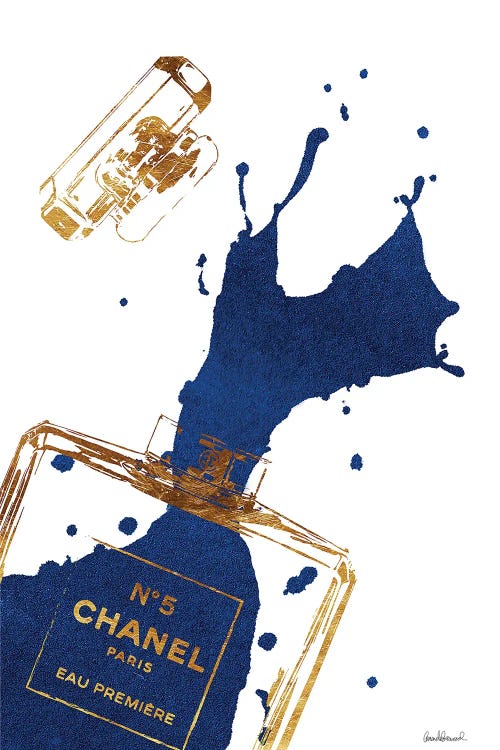 Framed Canvas Art (Gold Floating Frame) - Gold Perfume Bottle with Navy Blue Splash by Amanda Greenwood ( Fashion > Hair & Beauty > Perfume Bottles