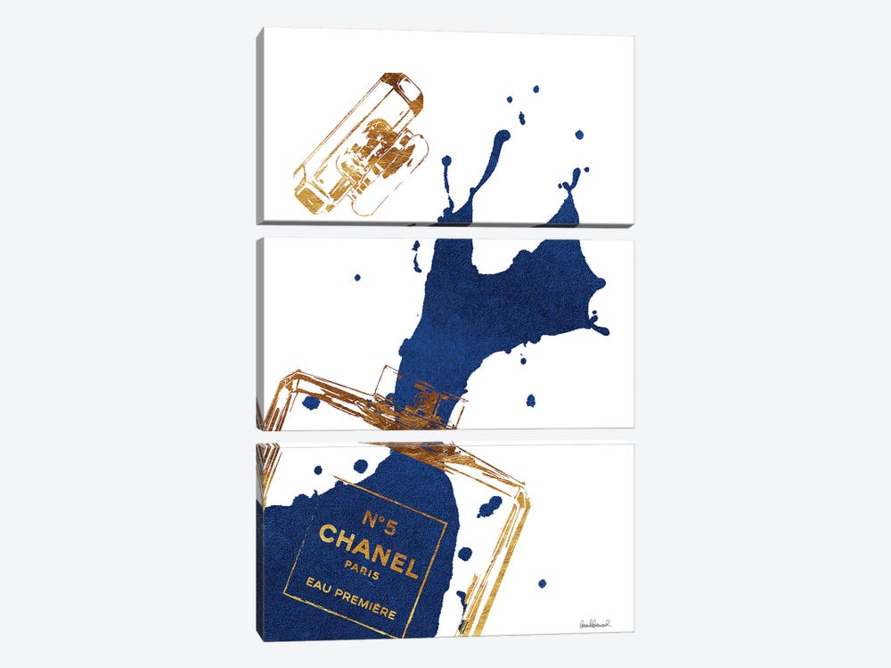 Gold Perfume Bottle With Navy Blue Splash by Amanda Greenwood 3-piece Art Print