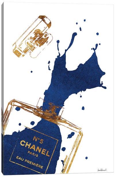 Gold Perfume Bottle With Navy Blue Splash Canvas Art Print - Large Art for Bathroom