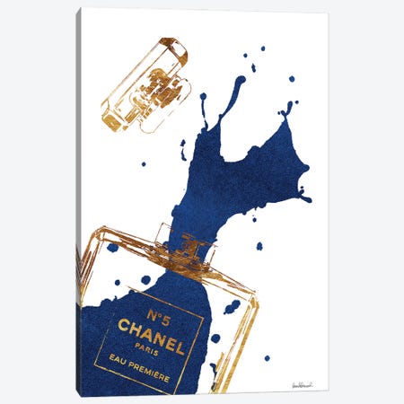 Gold Perfume Bottle With Navy Blue Splash Canvas Print #GRE26} by Amanda Greenwood Art Print