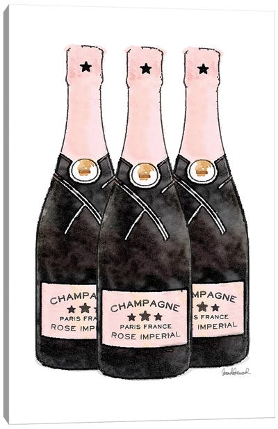 Champagne Pink Three Bottle Canvas Art Print - Minimalist Kitchen Art