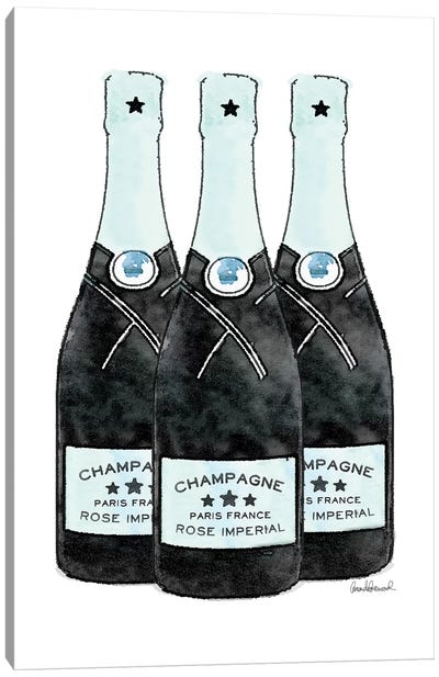 Champagne Teal Three Bottle Canvas Art Print - Minimalist Kitchen Art