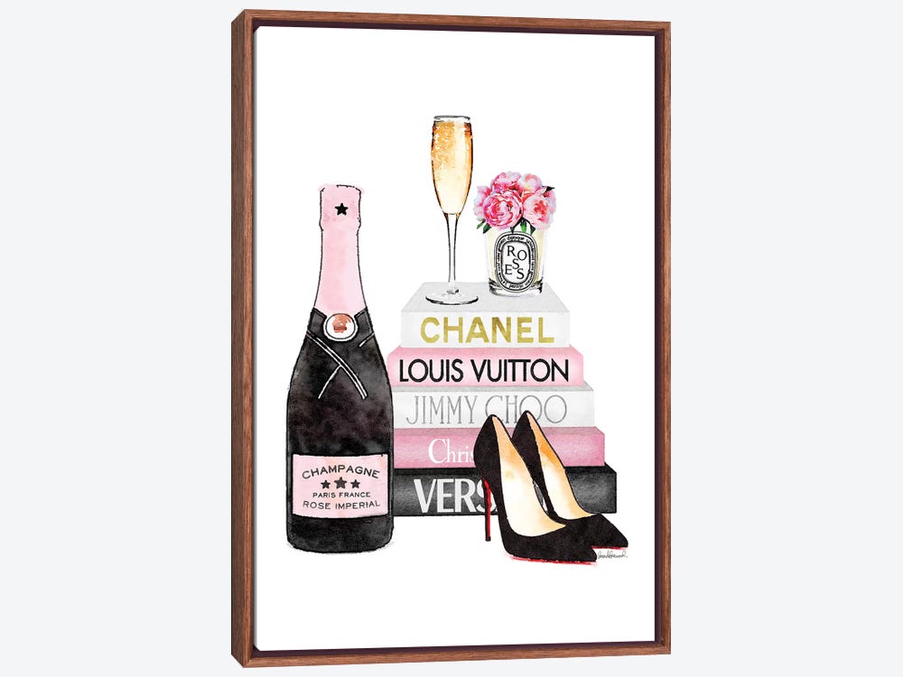 Framed Canvas Art (White Floating Frame) - Pink Books and Pink Champagne by Amanda Greenwood ( Holiday & Seasonal > Classroom Wall Art > Reading 