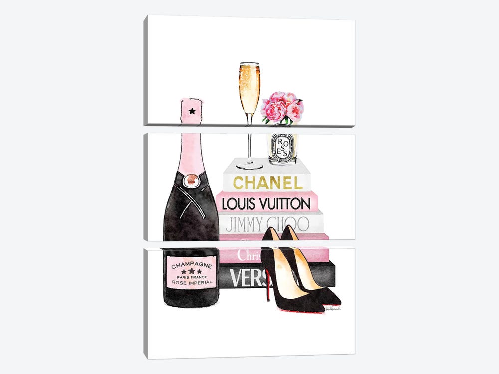 Pink Books  And Pink Champagne  by Amanda Greenwood 3-piece Canvas Print