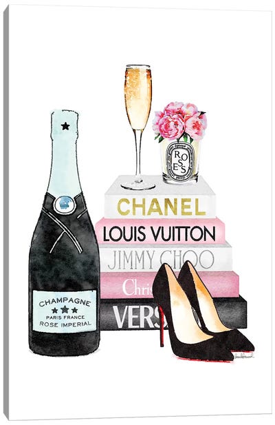 Pink Books And Teal Champagne Canvas Art Print - High Heel Art