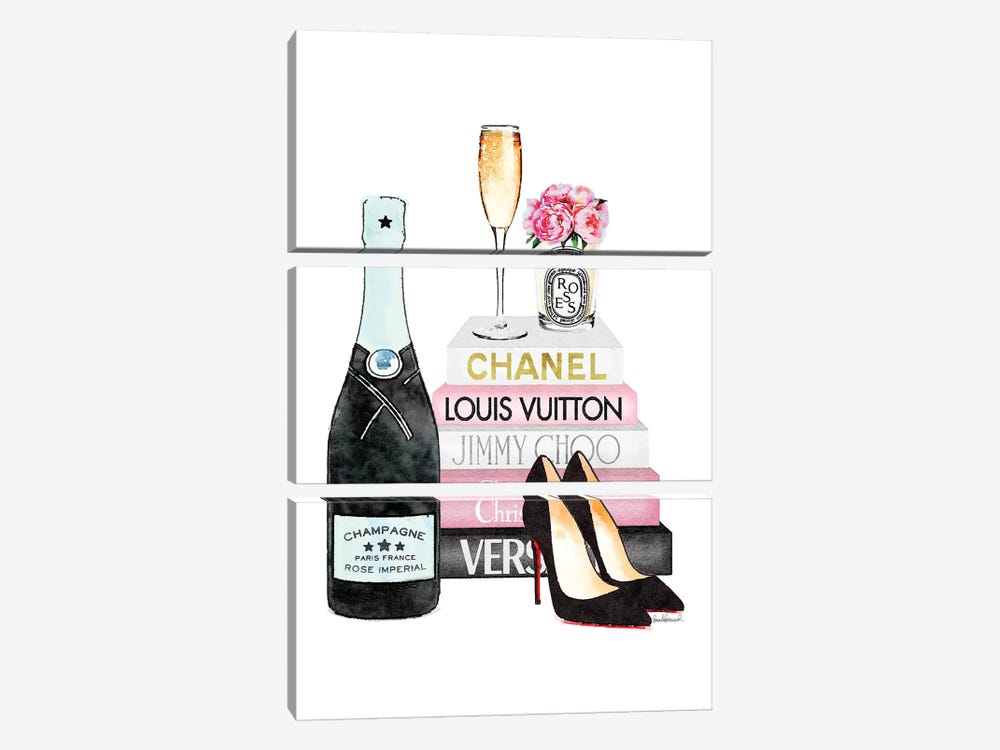 Pink Books And Teal Champagne by Amanda Greenwood 3-piece Canvas Wall Art