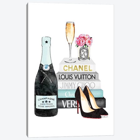 Teal Books And Teal Champagne Canvas Print #GRE279} by Amanda Greenwood Canvas Wall Art