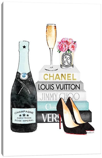 Teal Books And Teal Champagne Canvas Art Print - Still Life
