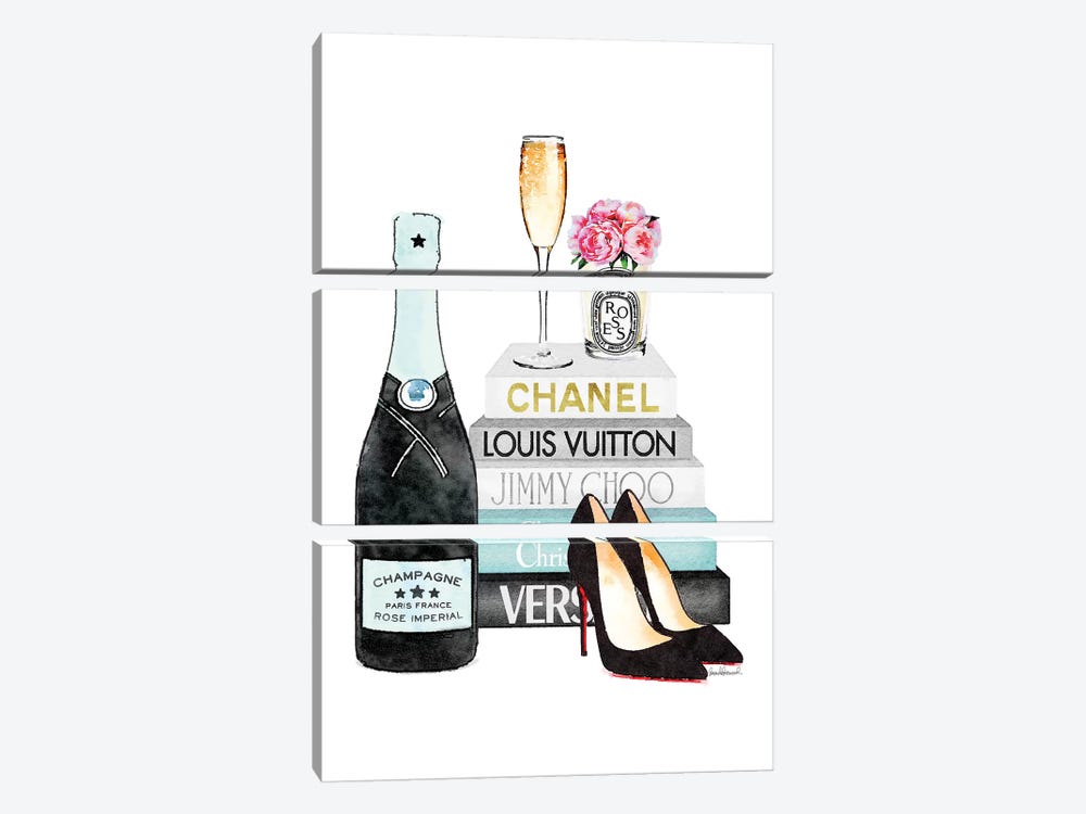 Teal Books And Teal Champagne by Amanda Greenwood 3-piece Canvas Art