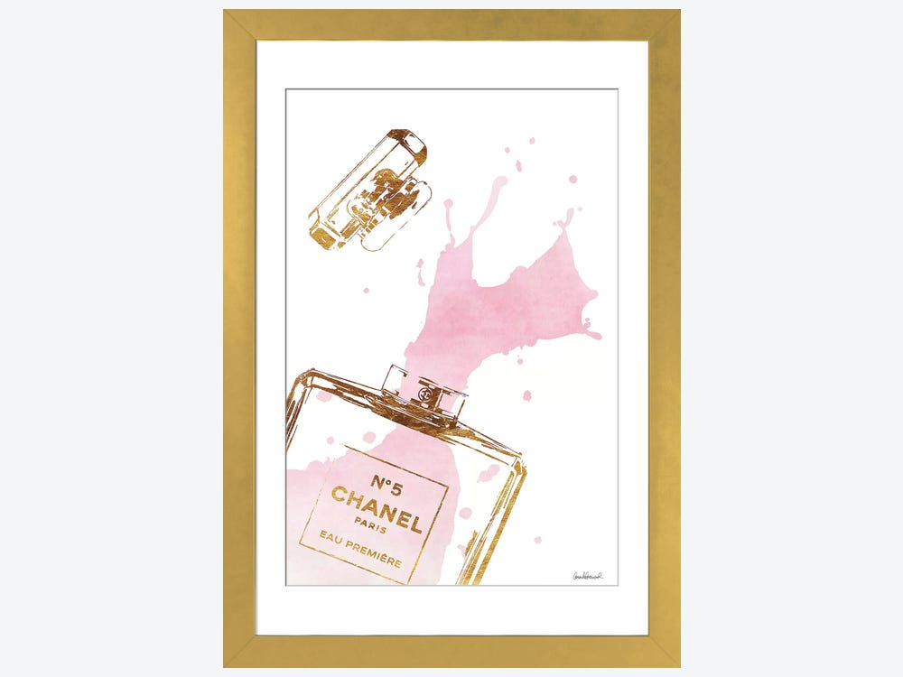 Framed Canvas Art (Gold Floating Frame) - Gold Perfume Bottle with Pink Splash by Amanda Greenwood ( Fashion > Hair & Beauty > Perfume Bottles art) 