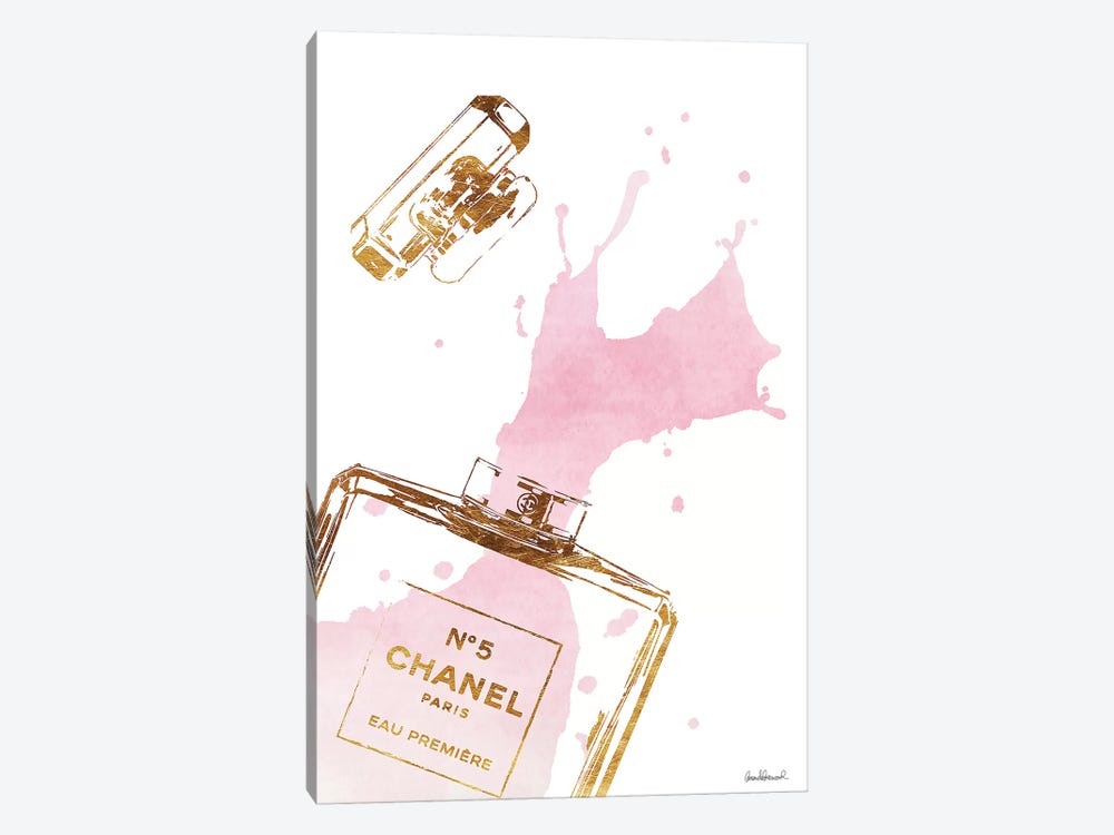 iCanvas Gold Perfume Bottle with Pink Splash Art by Amanda Greenwood Canvas Art Wall Decor ( Fashion > Hair & Beauty > Perfume Bottles art) - 18x12 in
