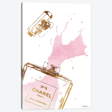 Gold Perfume Bottle With Pink Splash Canvas Print #GRE27} by Amanda Greenwood Canvas Art Print