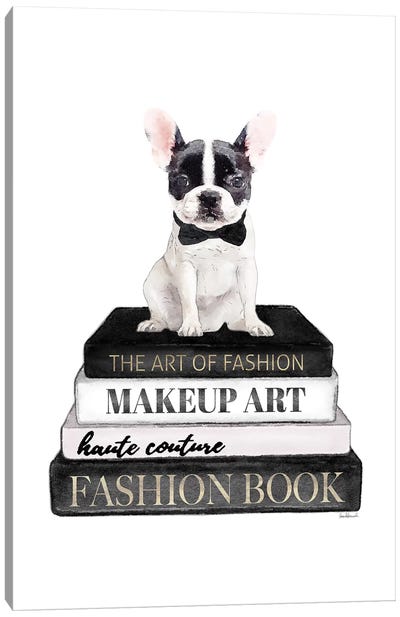 Books Of Fashion, Grey, B&W Frenchie Canvas Art Print - French Bulldog Art
