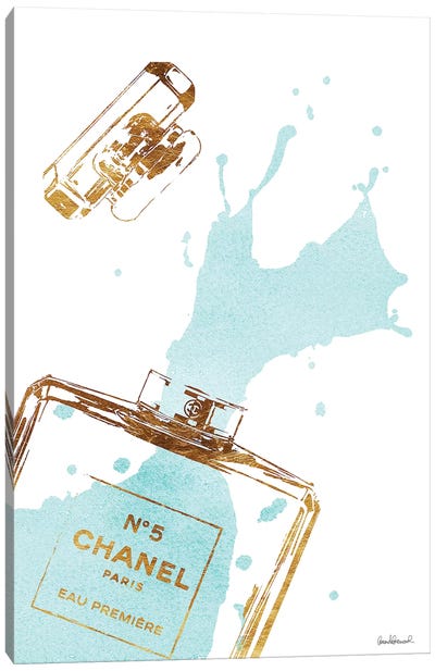 Gold Perfume Bottle With Teal Splash Canvas Art Print - Chanel Art