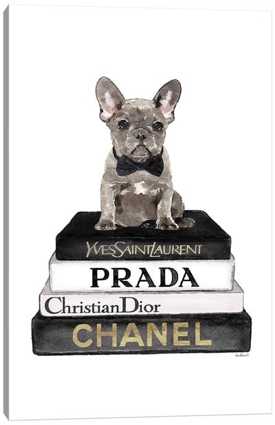 Books Of Fashion, Grey, Grey Frenchie Canvas Art Print - French Bulldog Art