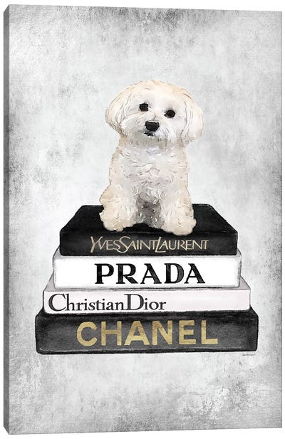 Books Of Fashion, Grey, Maltese, Grey Grunge Canvas Art Print - Best Selling Dog Art