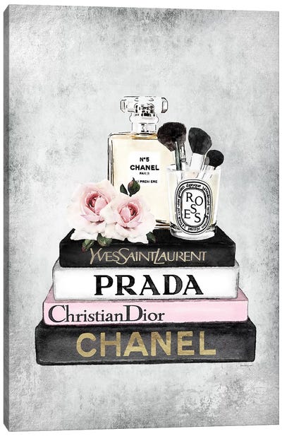 Books Of Fashion, Pink, Makeup Set, Grey Grunge Canvas Art Print - Chanel Art