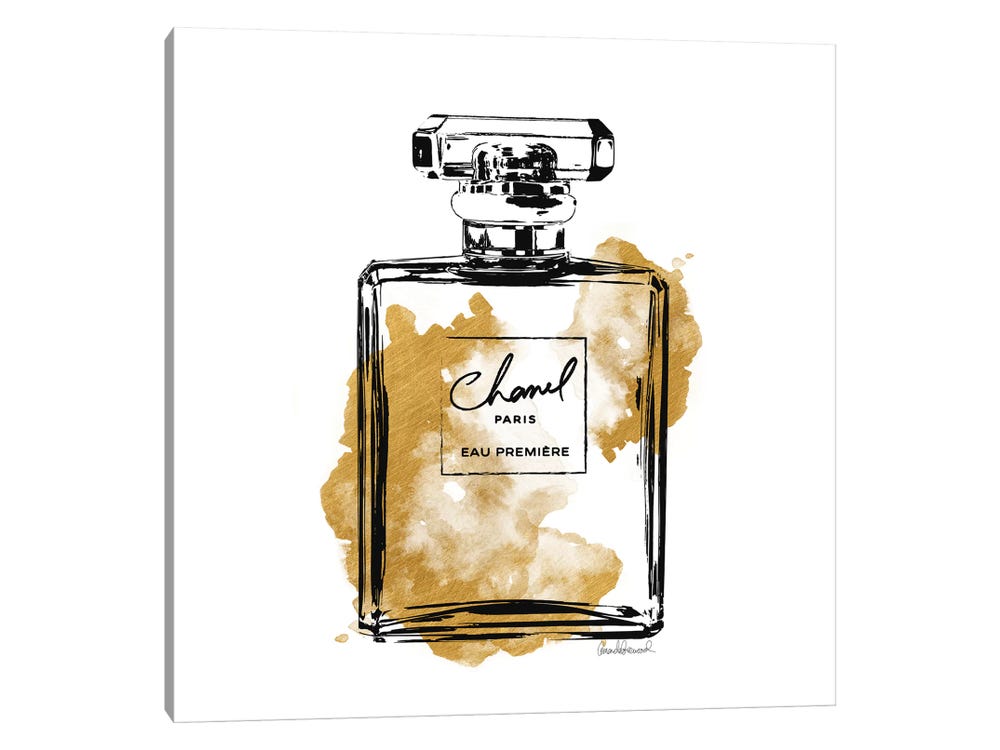 Framed Canvas Art - Black and Gold Perfume Bottle by Amanda Greenwood ( Fashion > Hair & Beauty > Perfume Bottles art) - 18x18 in